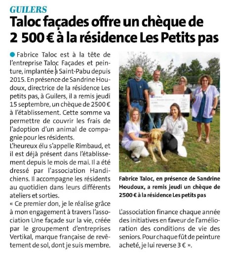 Taloc Façades offre un chèque de 2500€ à la résidence Les Petits pas